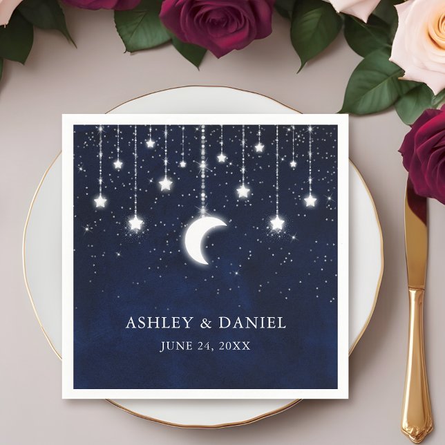 Celestial Blue Sky Moon Stars Lights Wedding Napkins (Customize to change text size or text style.)