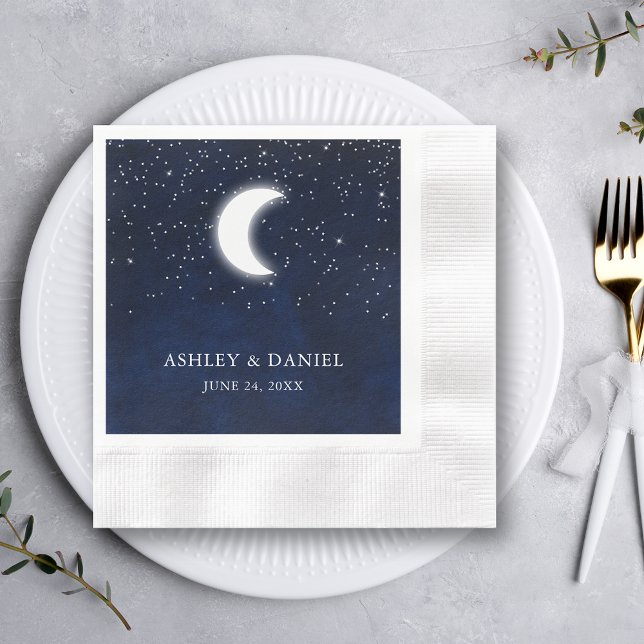 Celestial Blue Sky Moon Stars Wedding Cocktail Napkins (Customize to change text size or text style.)