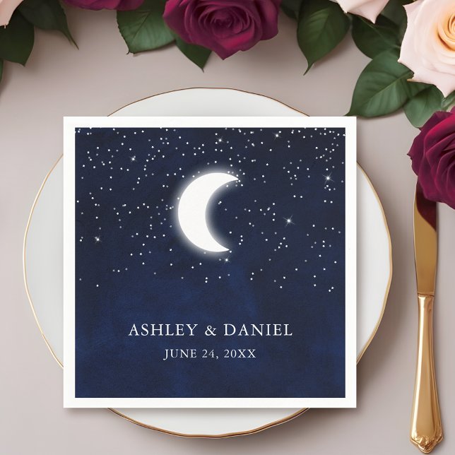Celestial Blue Sky Moon Stars Wedding Napkins (Customize to change text size or text style.)