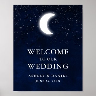 Celestial Blue Sky Moon Stars Wedding Welcome Poster