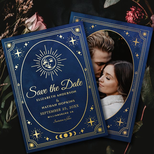 Celestial Blue Tarot Wedding Photo Save the Date  Foil Invitation (Creator Uploaded)