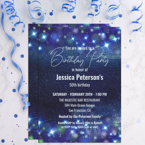 Celestial Blue Twinkle Lights 50th Birthday Party Invitation