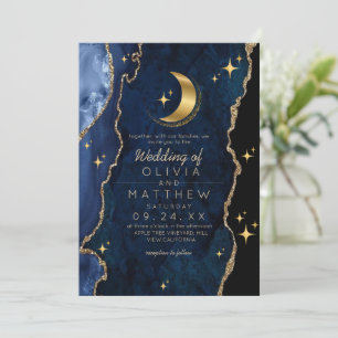 Celestial Blue Wedding Midnight Stars Moon  Invitation
