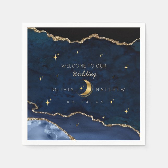 Celestial Blue Wedding Midnight Stars Moon  Napkins (Front)