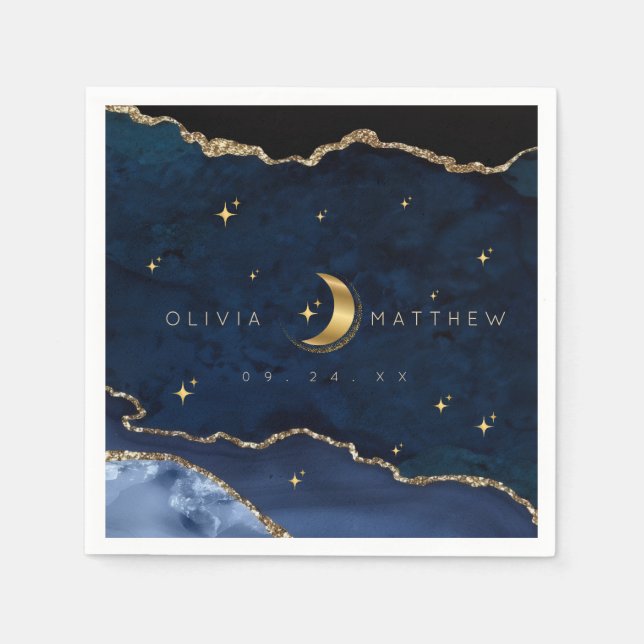Celestial Blue Wedding Midnight Stars Moon  Napkins (Front)