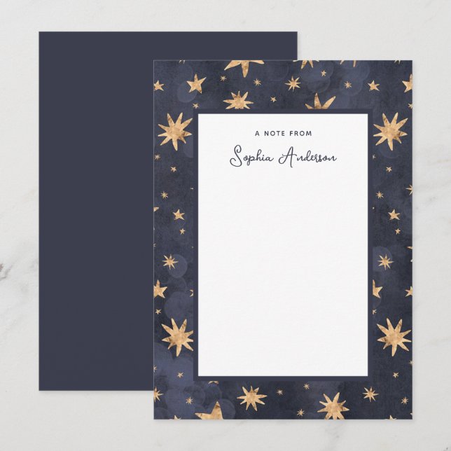 Celestial Blue with Faux Gold Stars Note Card (Front/Back)