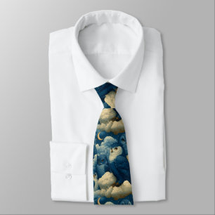 Celestial Blue Wizard Owl Fluffy Clouds Art Neck Tie