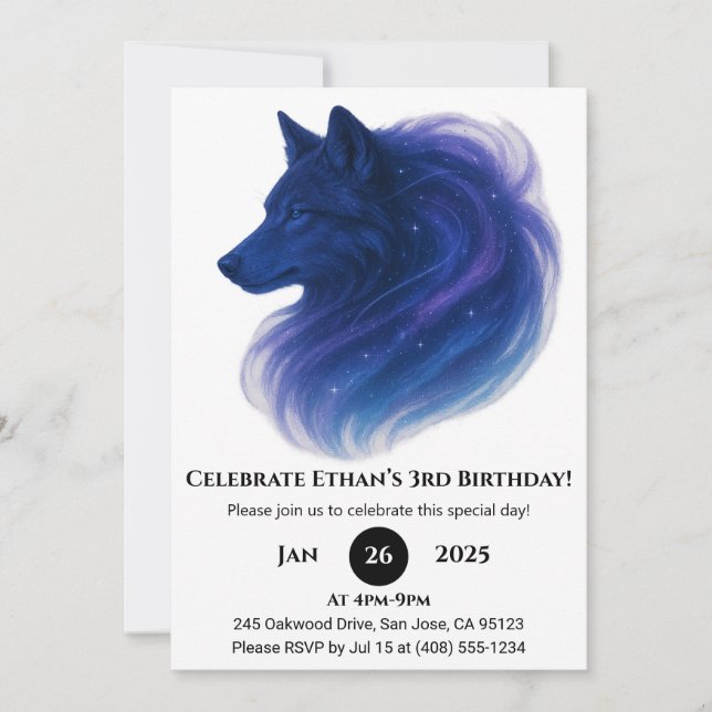 Celestial Blue Wolf Birthday Invitation (Front)