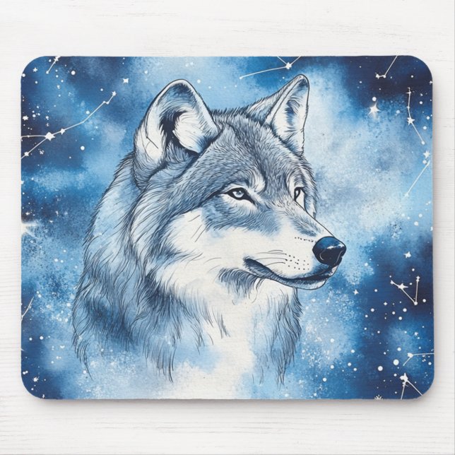 Celestial Blue Wolf Cosmic Constellation Mouse Pad (Front)