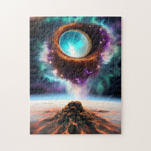 Celestial body of gravity emerging from dark cloud jigsaw puzzle