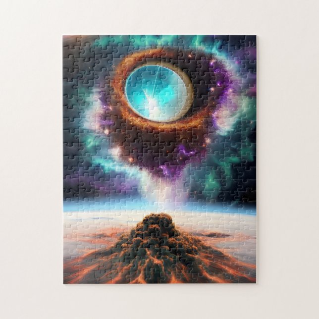 Celestial body of gravity emerging from dark cloud jigsaw puzzle (Vertical)