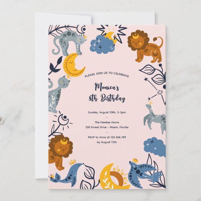 Celestial boho animals birthday invitation (Front)