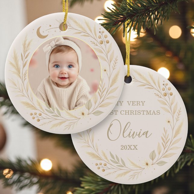 Celestial Boho Baby First Christmas Photo Ceramic Ornament (Creator Uploaded)