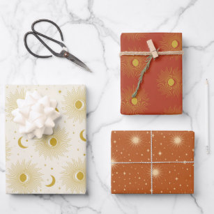 Elegant Golden Stars and Moon Brown Natural Kraft Wrapping Paper
