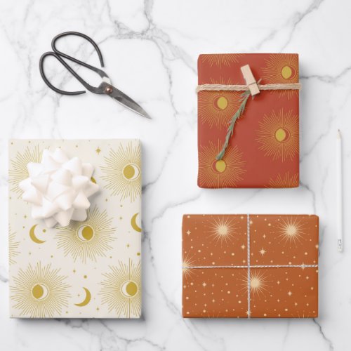 Celestial Boho Terracotta Gold Sun Moon Trendy Wrapping Paper Sheets