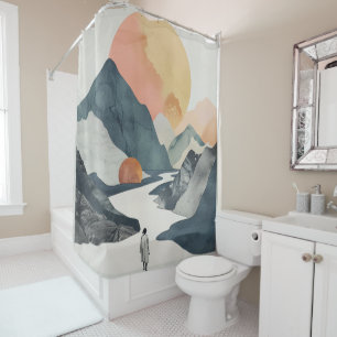 Celestial Boho Woman Golden Coral Mountain Journey Shower Curtain