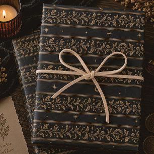 Celestial Botanical Black Gold Winter Solstice Wrapping Paper Sheets
