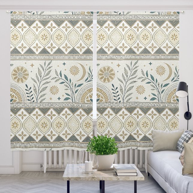 Celestial Botanical Folk Art Seamless Pattern Blackout Curtains (Living Room)