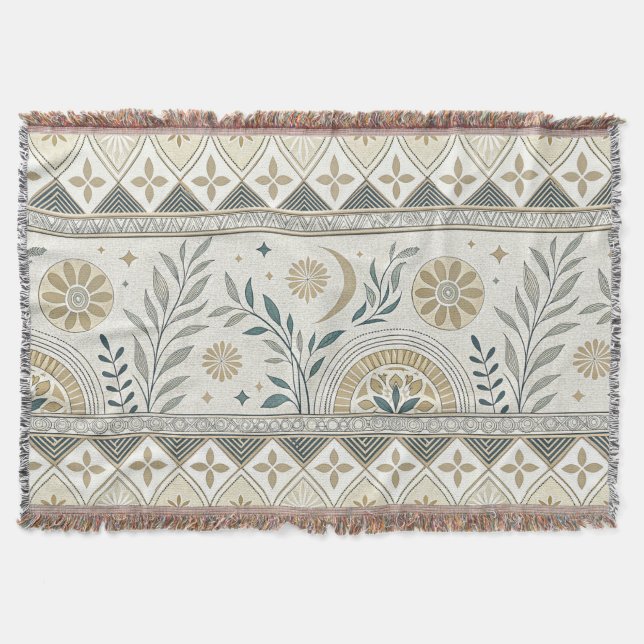 Celestial Botanical Folk Art Seamless Pattern Throw Blanket (Front)