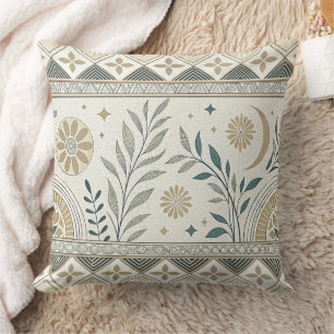 Celestial Botanical Folk Art Seamless Pattern Throw Pillow