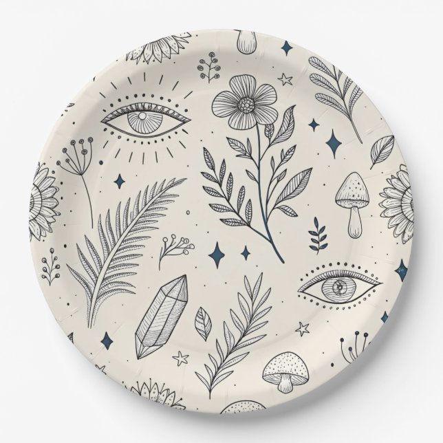 Celestial Botanical Pattern (4) Paper Plates (Front)