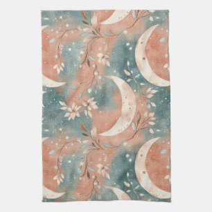 Celestial Botanical Pattern Terracotta Slate Blue  Kitchen Towel