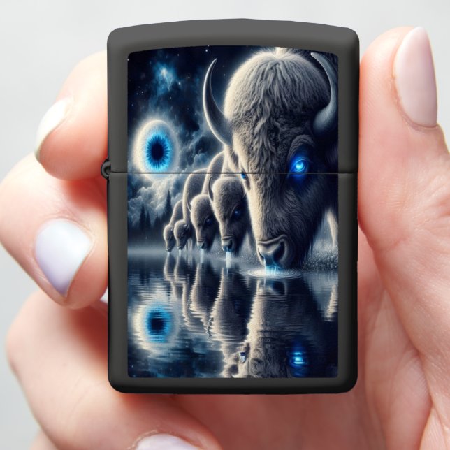 Celestial Buffaloes in Mystical Starry Landscape Zippo Lighter (In Hand)