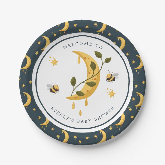 Celestial Bumblebee Moon Honey Baby Shower Paper Plates (Front)