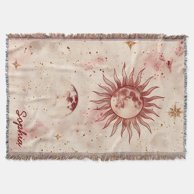 Celestial Burgundy and Gold Custom Name Throw Blanket (Front)