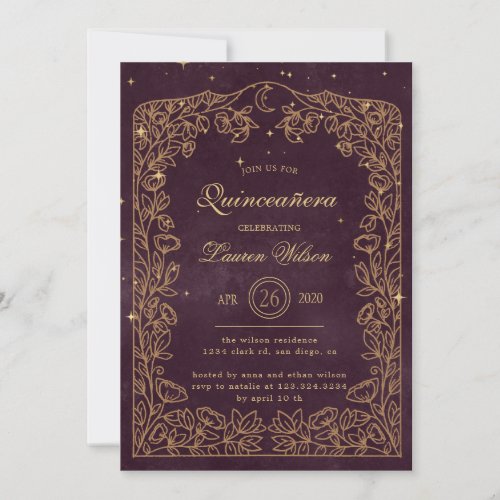 celestial burgundy gold exclusive quinceanera invitation