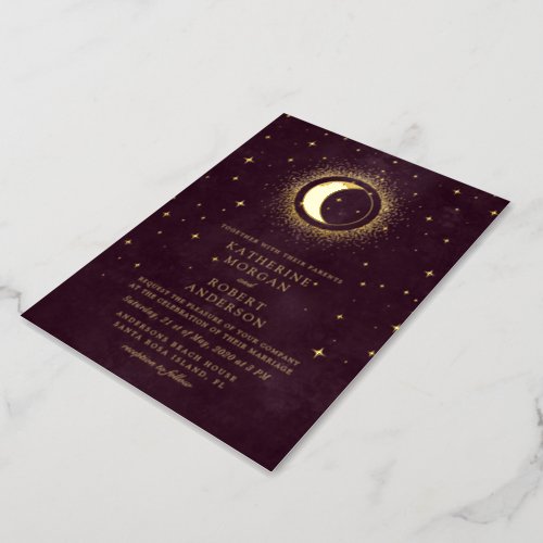 Celestial Burgundy Gold Moon And Stars Wedding Foil Invitation