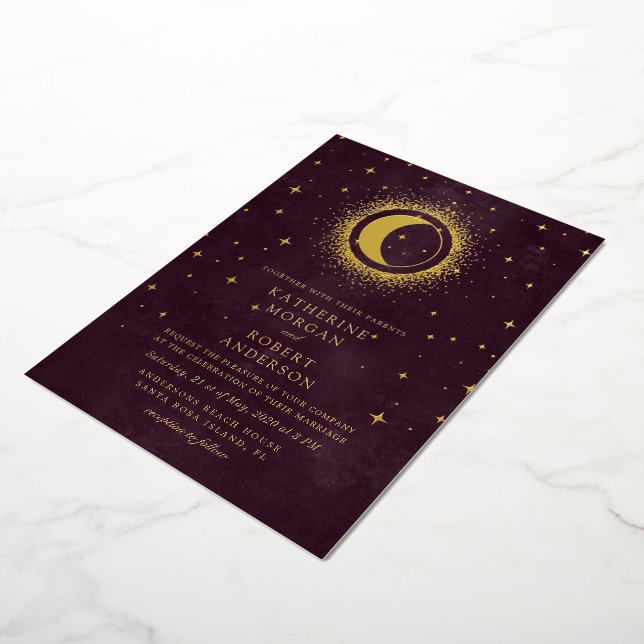Celestial Burgundy Gold Moon And Stars Wedding Foil Invitation (Rotated)