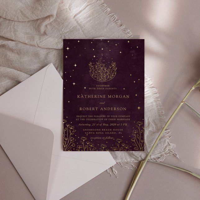Celestial Burgundy Gold Moon And Stars Wedding Foil Invitation (Creator Uploaded)