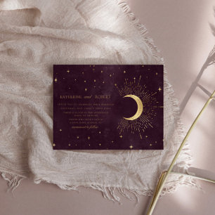 Celestial Burgundy Gold Moon And Stars Wedding Invitation