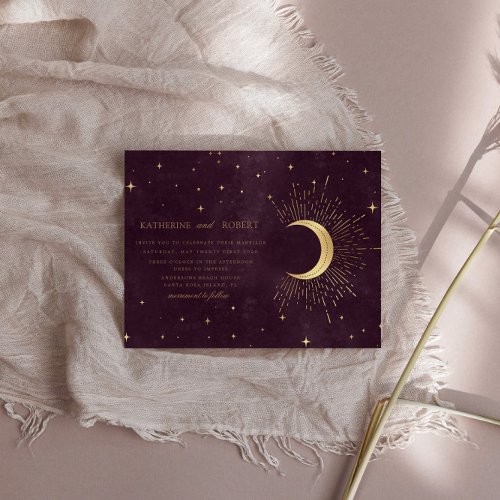 Celestial Burgundy Gold Moon And Stars Wedding Invitation