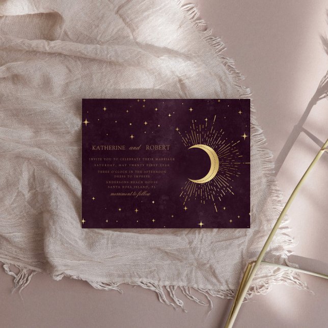 Celestial Burgundy Gold Moon And Stars Wedding Invitation (Creator Uploaded)