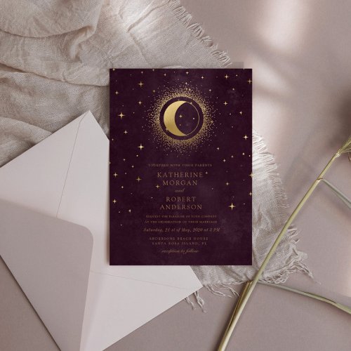 Celestial Burgundy Gold Moon And Stars Wedding  Invitation