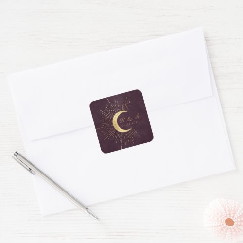 Celestial Burgundy Gold Moon And Stars Wedding Square Sticker