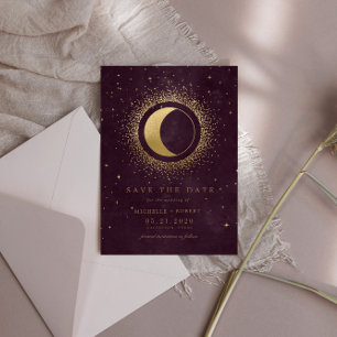 Celestial Burgundy Gold Moon Save The Date Invitation