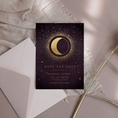 Celestial Burgundy Gold Moon Save The Date Invitation