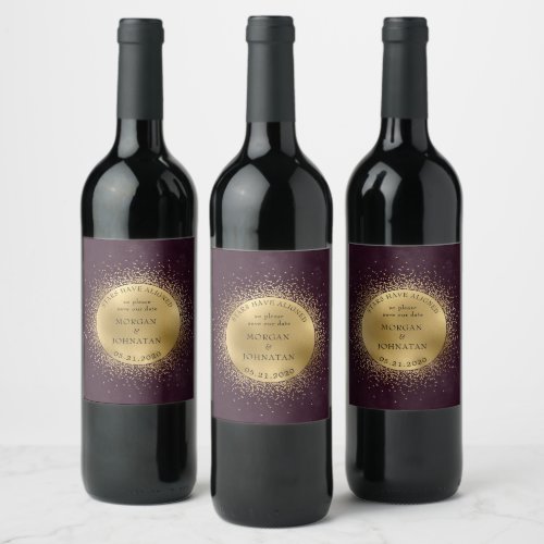 Celestial Burgundy Gold Moon Save The Date Wine Label