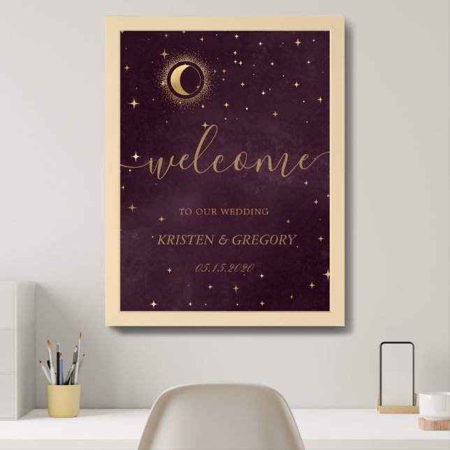 Celestial Burgundy Gold Moon Wedding Welcome Framed Art (Home Office)