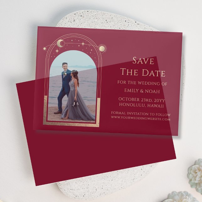 Celestial Burgundy Gold Photo Save The Date Vellum Invitations (Creator Uploaded)