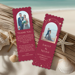 Celestial Burgundy Gold Photo Wedding Thank You Bookmarks