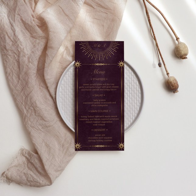 Celestial Burgundy Gold Wedding Dinner Menu Invitation (Creator Uploaded)