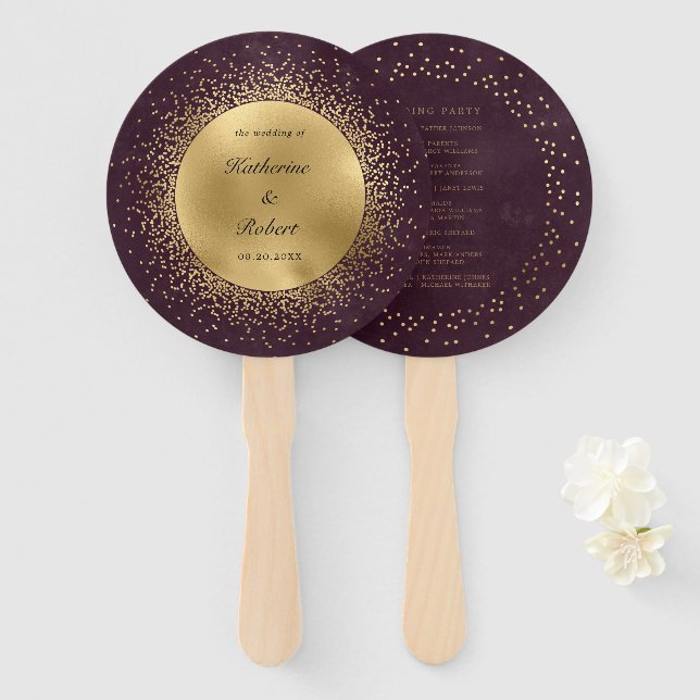Celestial Burgundy Gold Wedding Program Hand Fan (Front and Back)