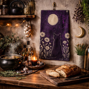 Celestial Cat Floral Purple Kitchen Towel