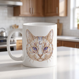Celestial Cat Mug Gold & Blue Luxury Line Art