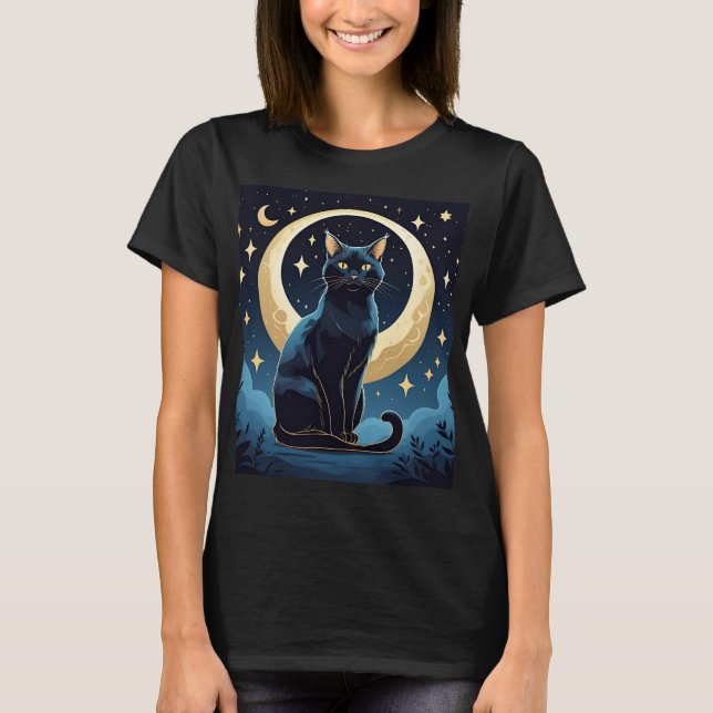 Celestial Cat T-Shirt – Mystic Moon & Stars Under  (Front)