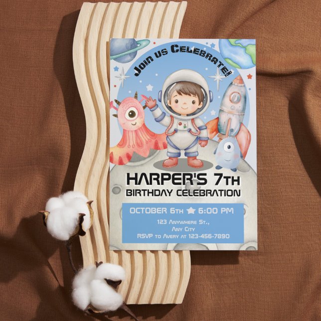Celestial Celebration: Light Blue Astronaut Invitation (Stellar Space Adventures: Watercolor Kids Birthday Collection)